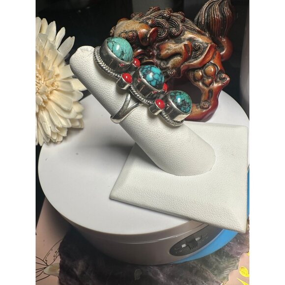 VTG Sterling Silver Red Coral Turquoise Ring - Picture 3 of 7